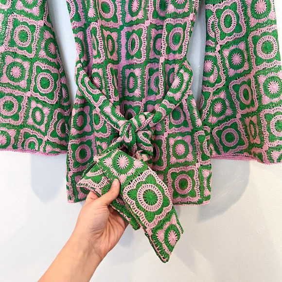 Show Me Your Mumu Treasure Green Pink Crochet Bell Sleeve Mini Dress XS NWT - Picture 8 of 11